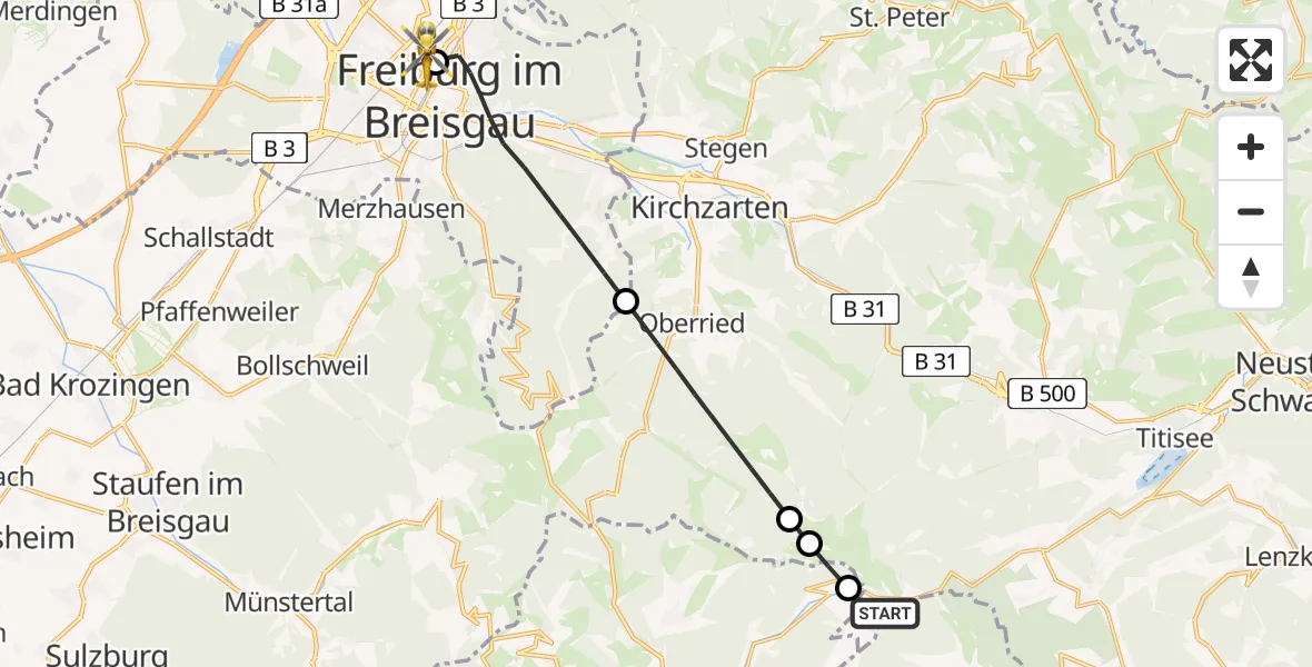 Flugroute Rettungshubschrauber Feldberg (Ort) - Freiburg University Hospital Heliport 2, 15 Februar 2026, 16:06