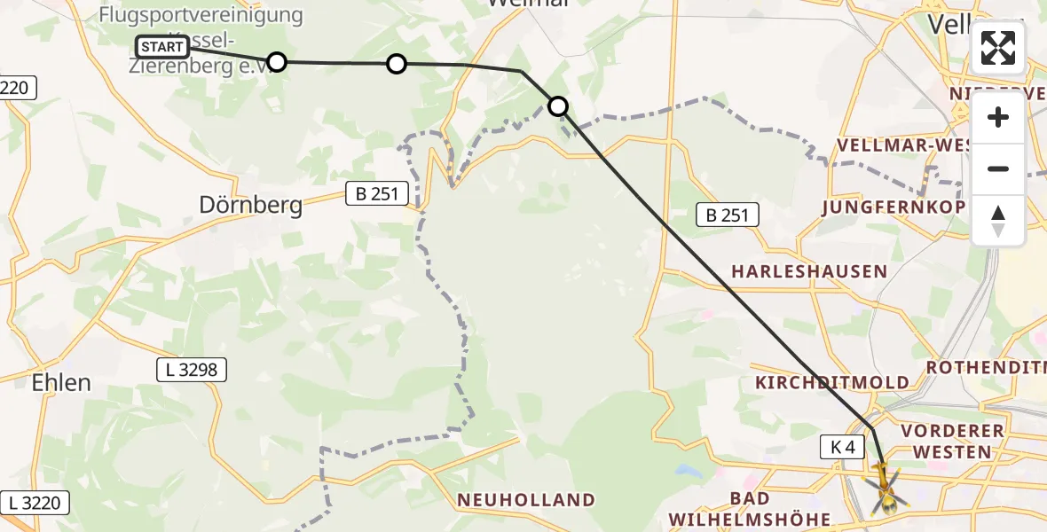 Flugroute Rettungshubschrauber Zierenberg - Kassel, 15 Februar 2026, 16:12