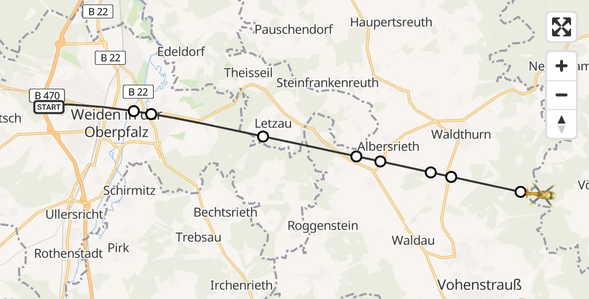 Flugroute Rettungshubschrauber Weiden in der Oberpfalz - Pleystein, 15 Februar 2026, 16:15