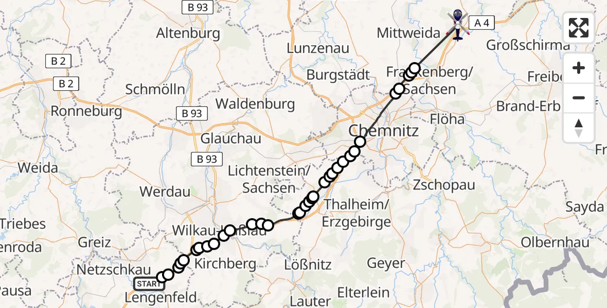 Routekaart van de vlucht: Polizeihubschrauber nach Rossau, Die Linie