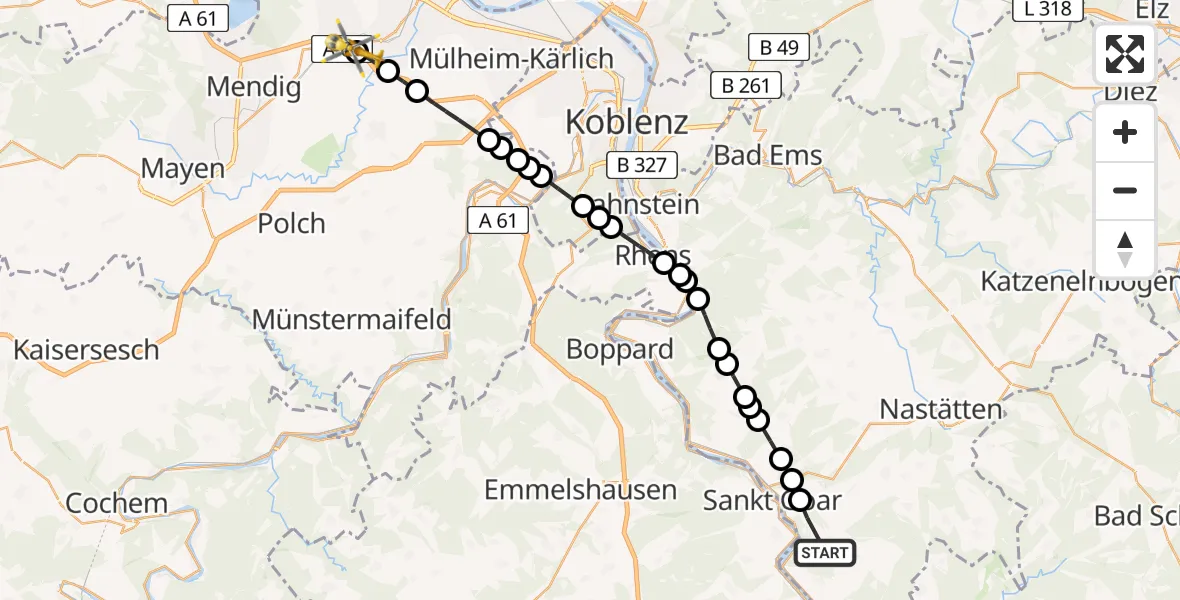 Flugroute Rettungshubschrauber Bornich - Kretz, 15 Februar 2026, 16:22