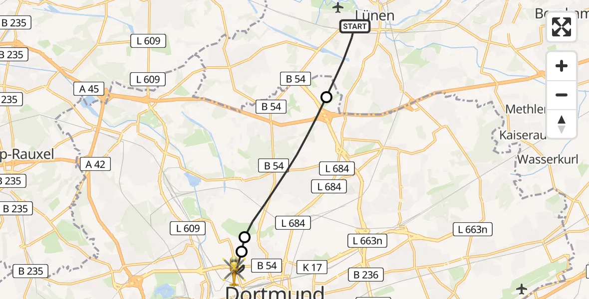 Flugroute Rettungshubschrauber Lünen - Dortmund, 15 Februar 2026, 16:25