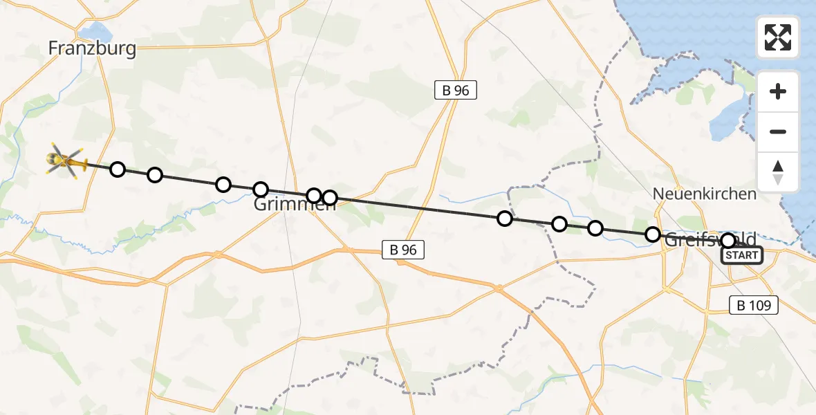 Flugroute Rettungshubschrauber Greifswald Hospital Heliport - Gremersdorf-Buchholz, 15 Februar 2026, 16:31