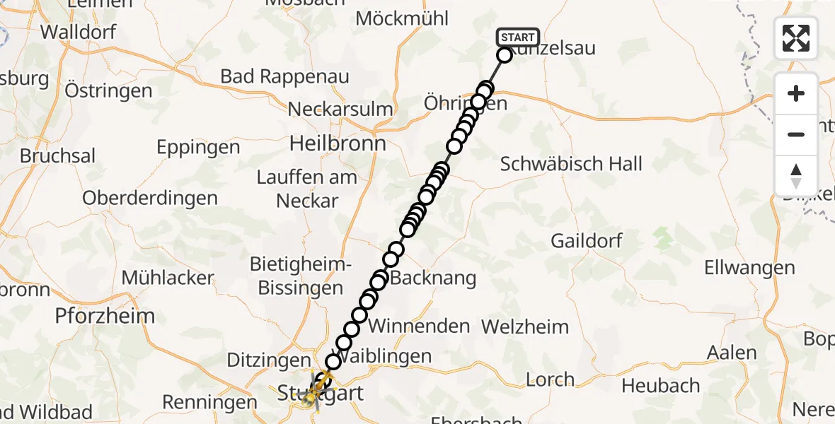 Flugroute Rettungshubschrauber Niedernhall - Stuttgart, 15 Februar 2026, 16:37