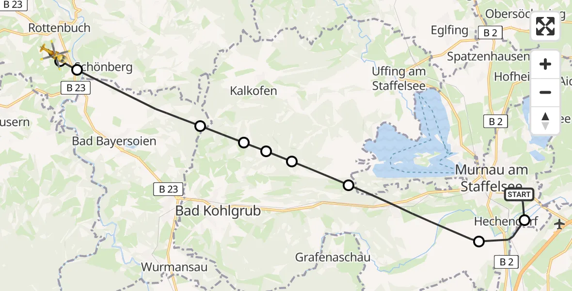 Flugroute Rettungshubschrauber Murnau Accident Hospital Heliport - Rottenbuch, 15 Februar 2026, 16:37