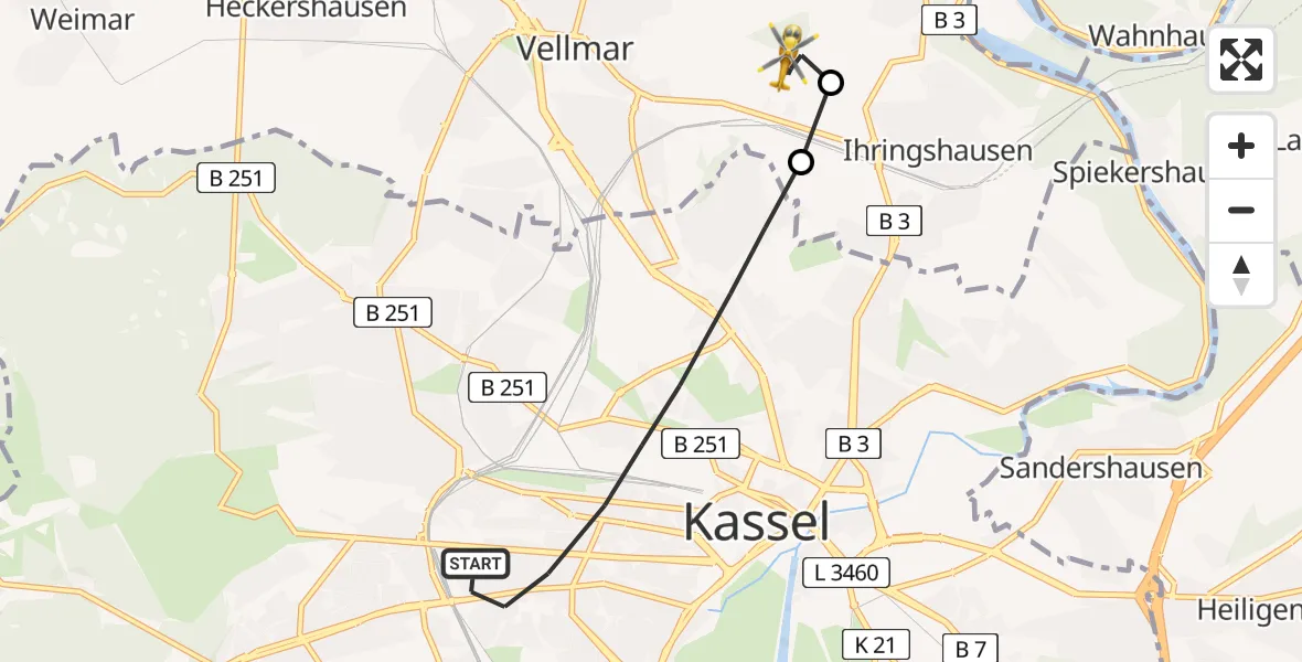 Routekaart van de vlucht: Rettungshubschrauber nach Fuldatal Federal Police Heliport