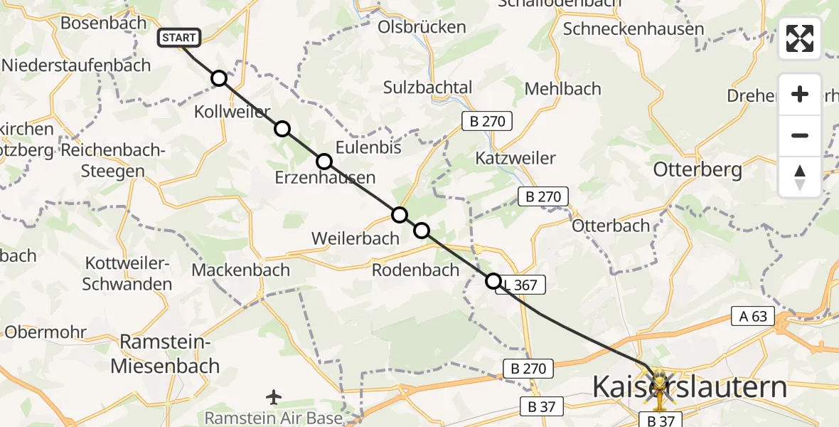 Flugroute Rettungshubschrauber Jettenbach - Westpfalz Hospital Kaiserslautern Heliport, 15 Februar 2026, 16:42