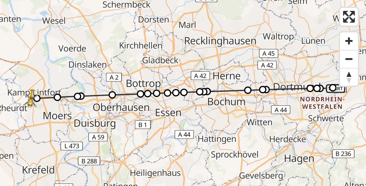 Flugroute Ambulanzhubschrauber Dortmund Airport - Kamp-Lintfort, 15 Februar 2026, 16:45