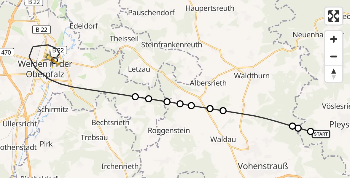 Flugroute Rettungshubschrauber Vöslesrieth - Weiden Hospital Heliport, 15 Februar 2026, 16:46