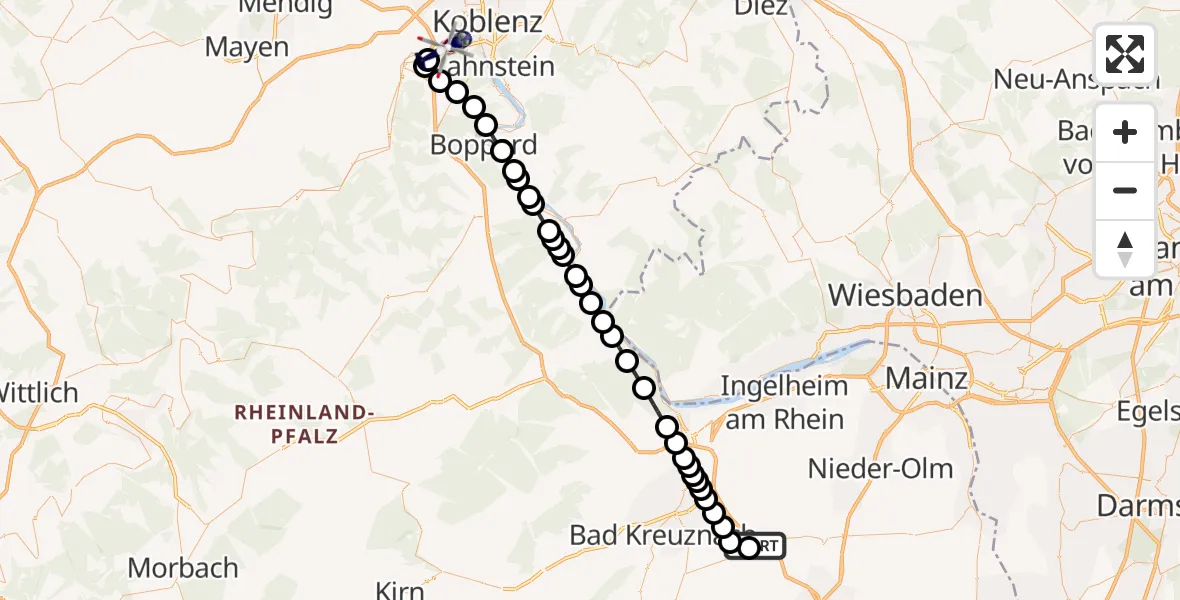 Flugroute Polizeihubschrauber Gau-Bickelheim - Koblenz-Winningen Airfield, 15 Februar 2026, 16:51