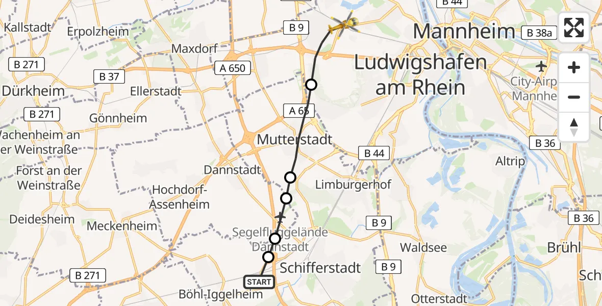 Flugroute Rettungshubschrauber Böhl-Iggelheim - Ludwigshafen am Rhein, 15 Februar 2026, 16:55