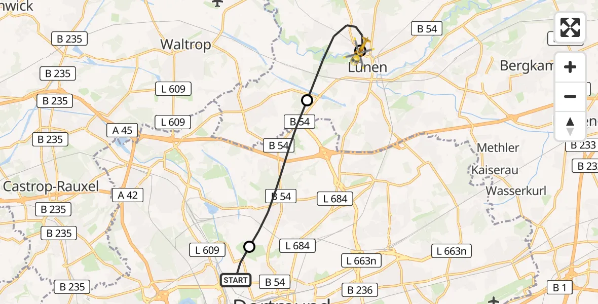 Flugroute Rettungshubschrauber Dortmund - Sankt Marien Hospital Heliport, 15 Februar 2026, 17:02