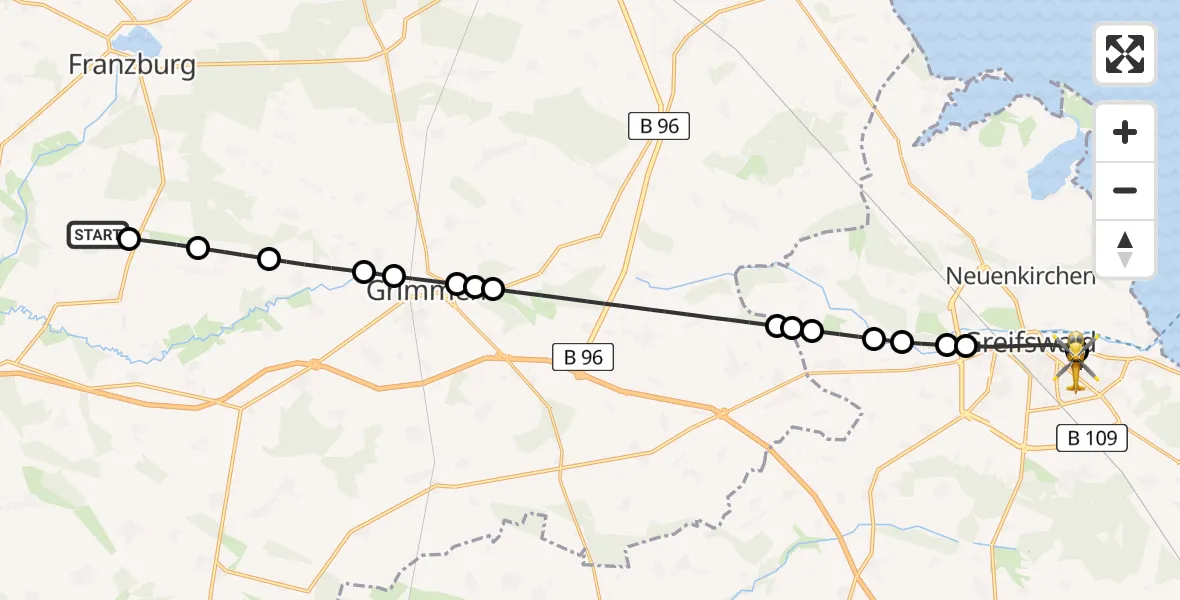 Routekaart van de vlucht: Rettungshubschrauber nach Greifswald Hospital Heliport