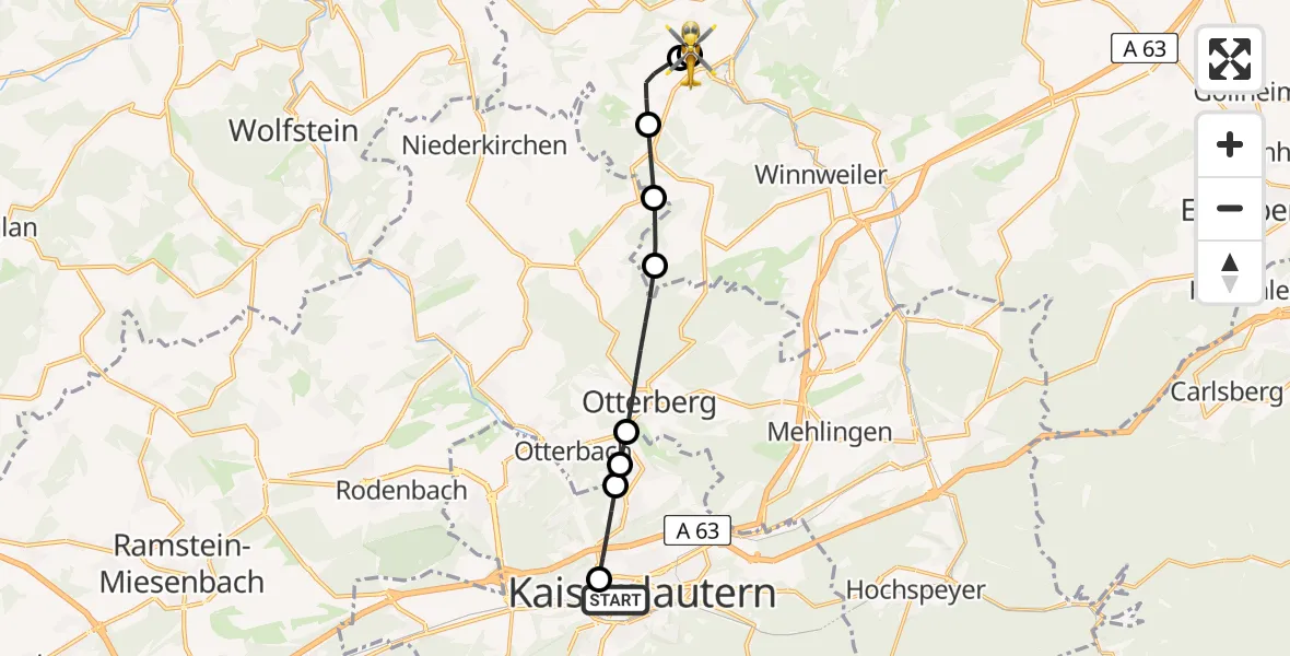 Flugroute Rettungshubschrauber Westpfalz Hospital Kaiserslautern Heliport - Imsweiler UL, 15 Februar 2026, 17:05