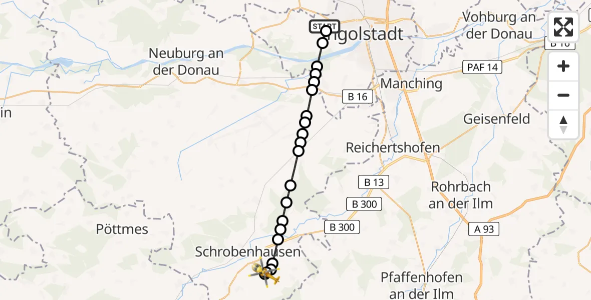 Flugroute Rettungshubschrauber Ingolstadt Hospital Heliport - Aresing, 15 Februar 2026, 17:08