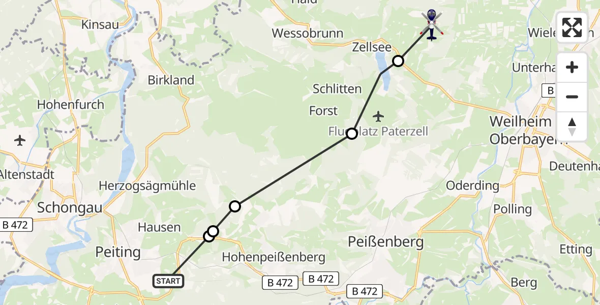 Flugroute Polizeihubschrauber Peiting - Weilheim in Oberbayern, 15 Februar 2026, 17:21
