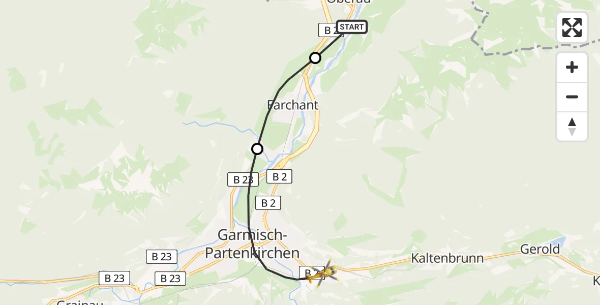 Flugroute Rettungshubschrauber Oberau - Garmisch-Partenkirchen Clinic Heliport, 15 Februar 2026, 17:24