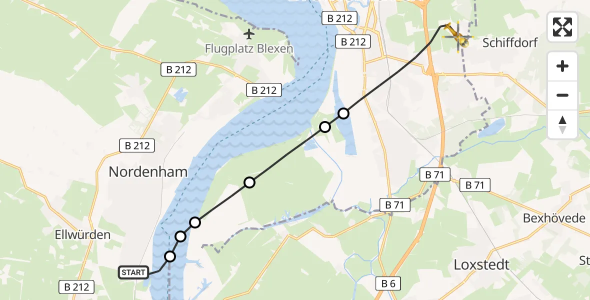 Flugroute Rettungshubschrauber Nordenham - Stadtbezirk Bremerhaven-Süd, 15 Februar 2026, 17:35