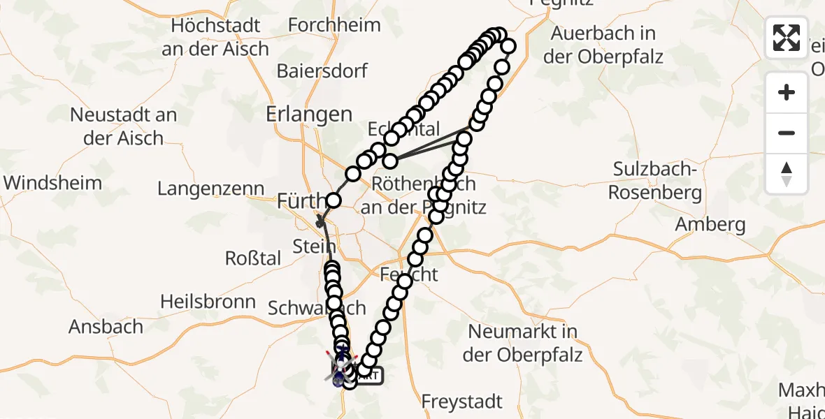 Flugroute Polizeihubschrauber Belmbrach - Büchenbach, 15 Februar 2026, 17:54