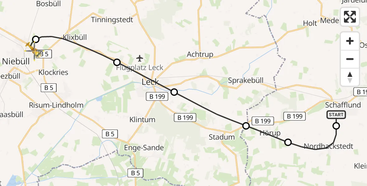 Flugroute Rettungshubschrauber Schafflund - Niebüll, 15 Februar 2026, 18:05