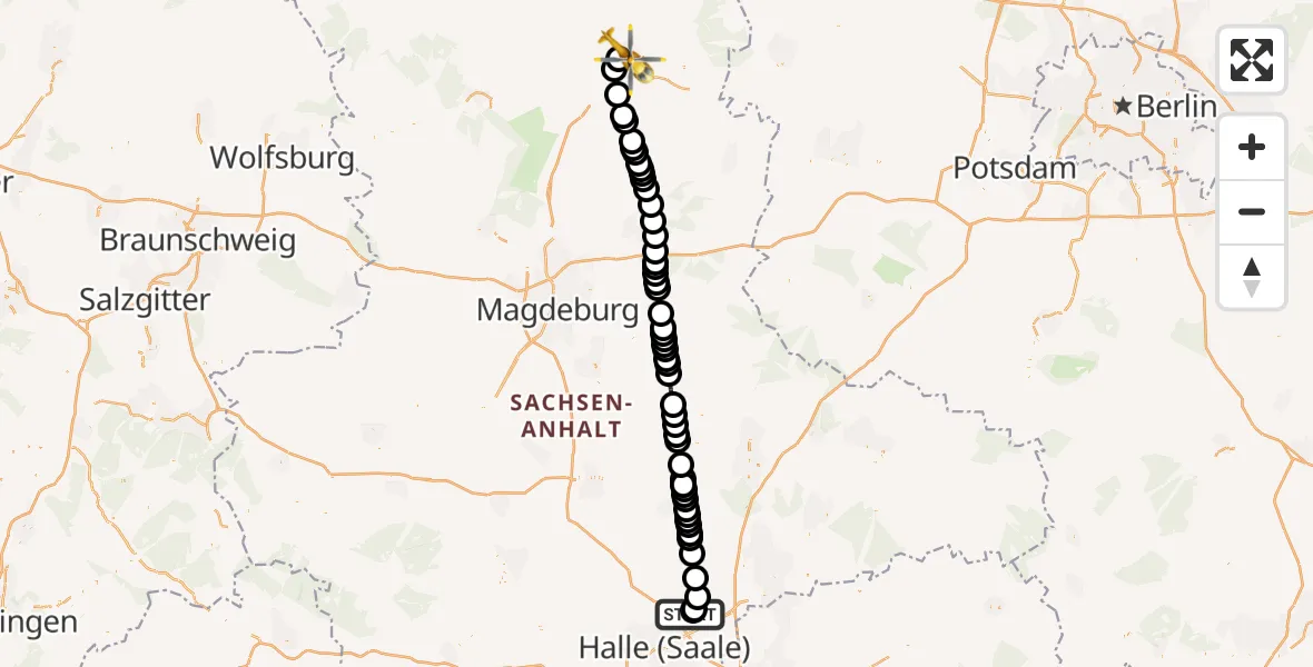 Flugroute Ambulanzhubschrauber Halle-Oppin Airfield - Stendal, 15 Februar 2026, 18:37