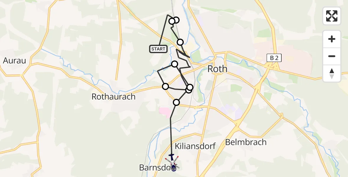 Flugroute Polizeihubschrauber Büchenbach - Kiliansdorf, 15 Februar 2026, 18:56