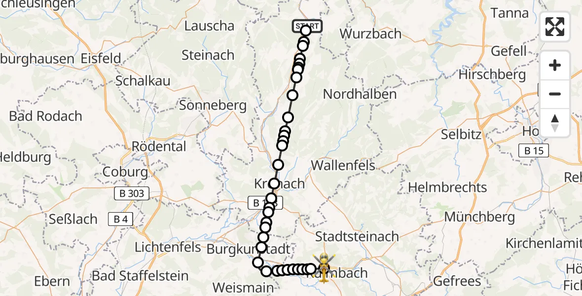 Flugroute Ambulanzhubschrauber Ottendorf - Burghaig, 15 Februar 2026, 18:59