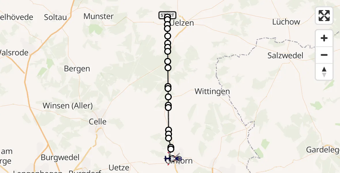 Flugroute Polizeihubschrauber Melzingen - Gifhorn Federal Police Heliport, 15 Februar 2026, 19:00