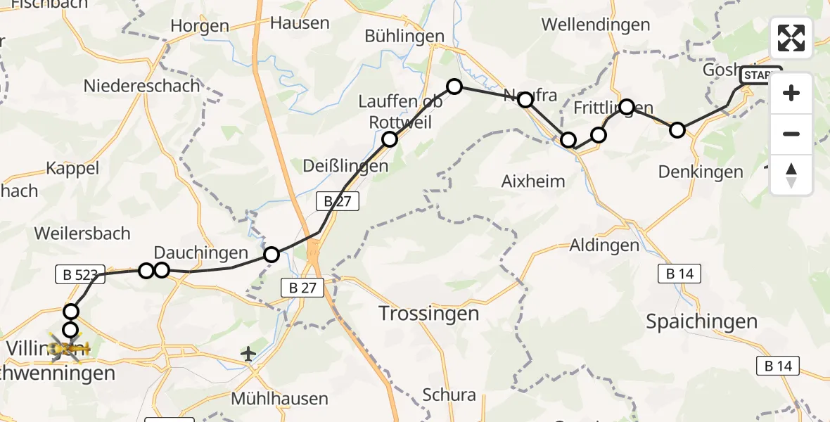 Flugroute Rettungshubschrauber Gosheim - DRF Air Rescue Station Villingen-Schwenningen Heliport (Christoph 11), 15 Februar 2026, 19:23