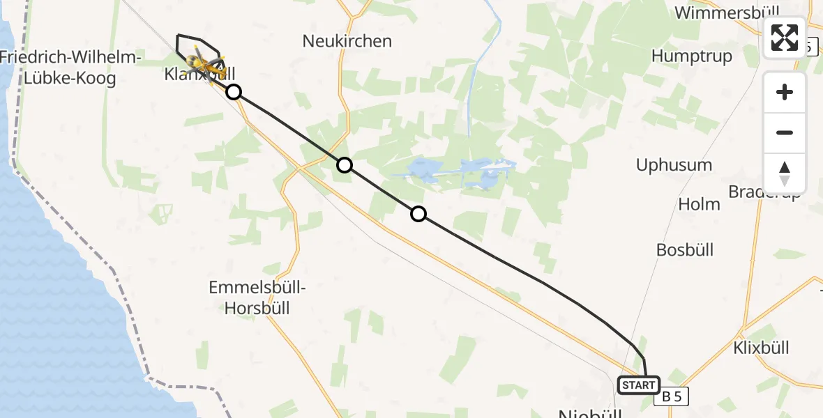 Flugroute Rettungshubschrauber Niebüll - Klanxbüll, 15 Februar 2026, 22:01