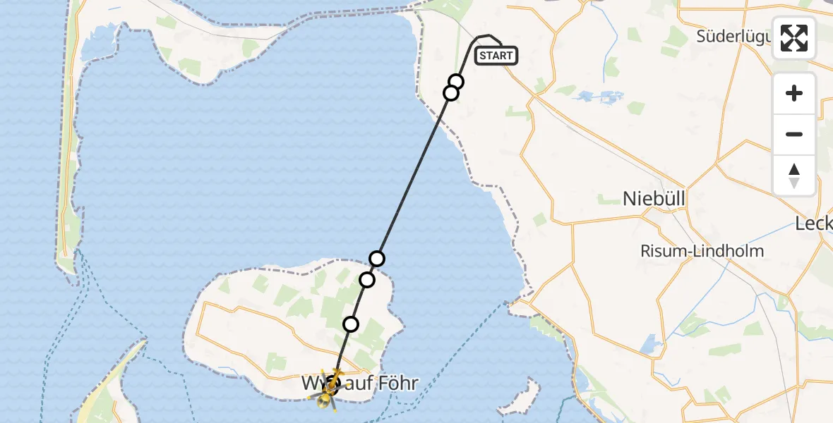 Flugroute Rettungshubschrauber Klanxbüll - Wyk auf Föhr Airport, 15 Februar 2026, 22:47