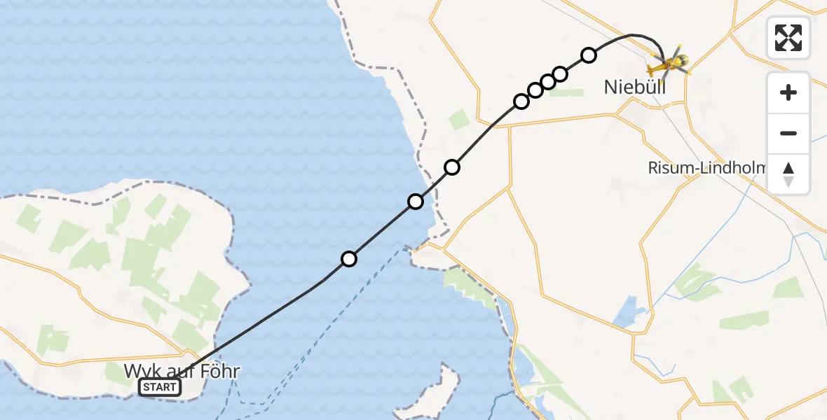 Flugroute Rettungshubschrauber Wyk auf Föhr - Niebüll, 15 Februar 2026, 23:23