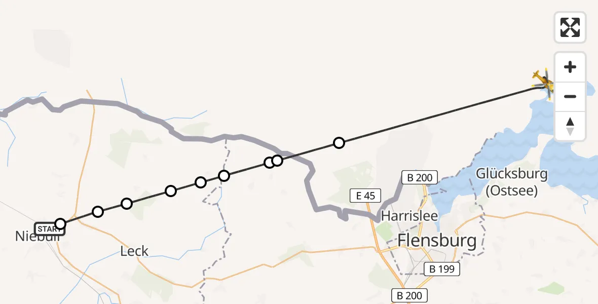 Flugroute Rettungshubschrauber Niebüll - Kruså-Padborg Airfield, 16 Februar 2026, 02:28
