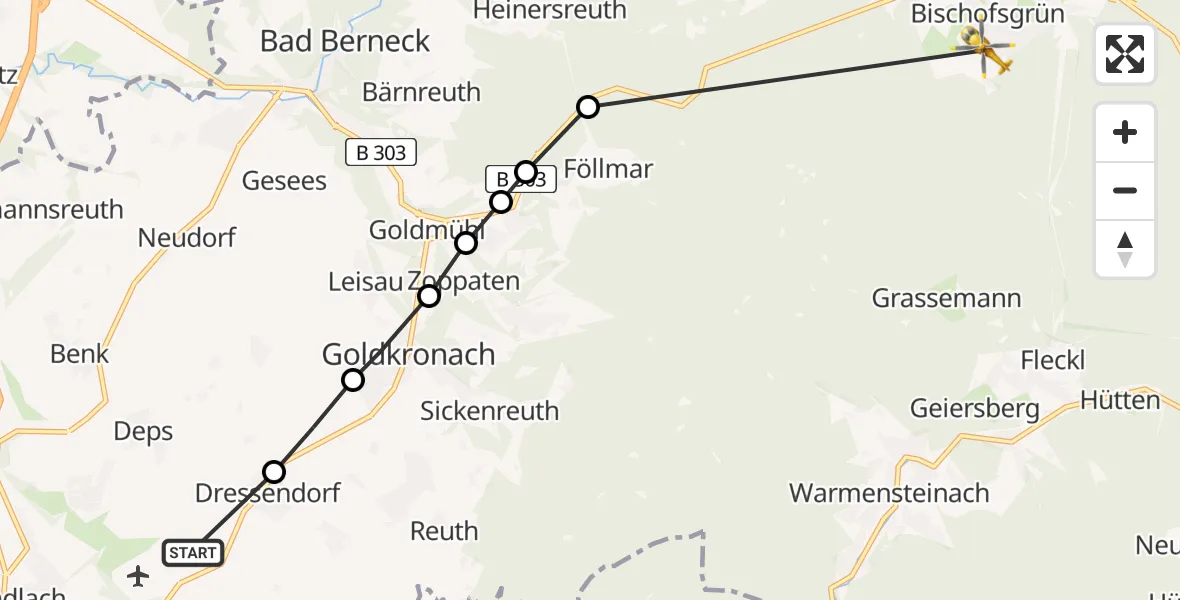 Flugroute Rettungshubschrauber Bayreuth Airport - Birnstengel, 16 Februar 2026, 06:41