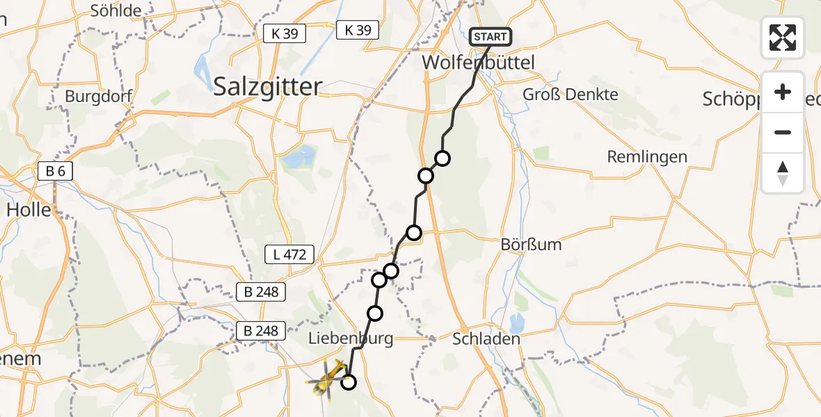 Flugroute Rettungshubschrauber Wolfenbüttel - Heißum, 16 Februar 2026, 07:10