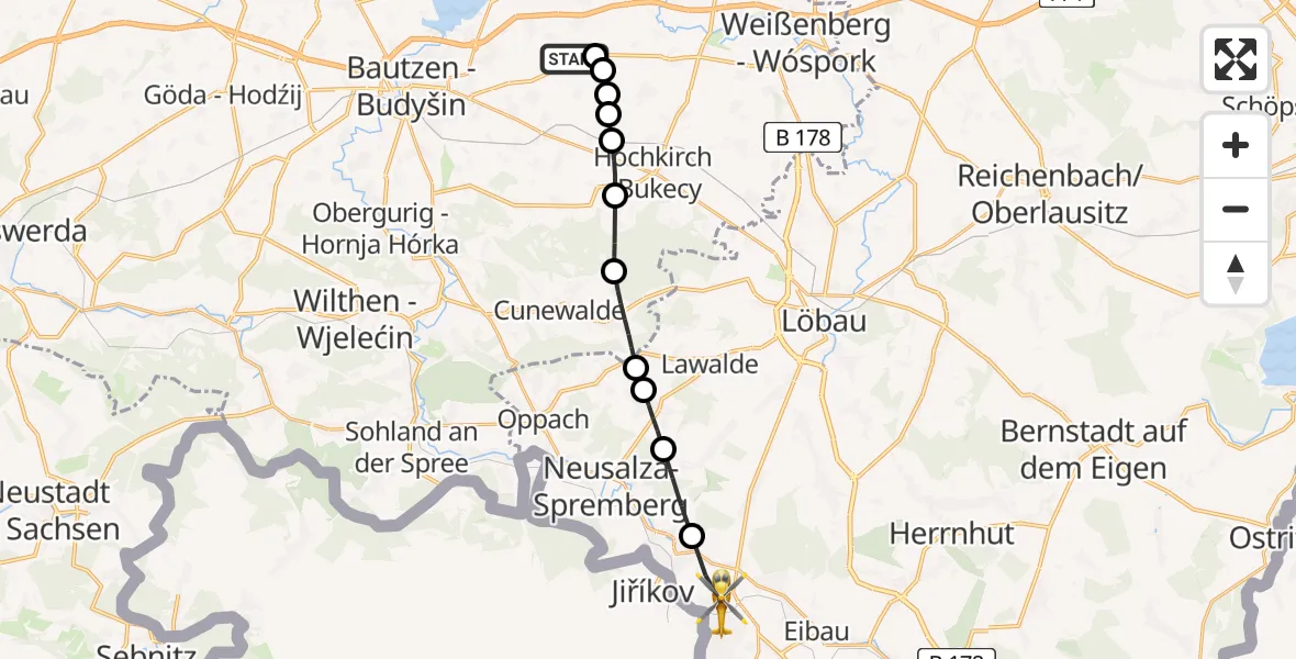 Flugroute Rettungshubschrauber Bautzen Airfield - Ebersbach, 16 Februar 2026, 07:30