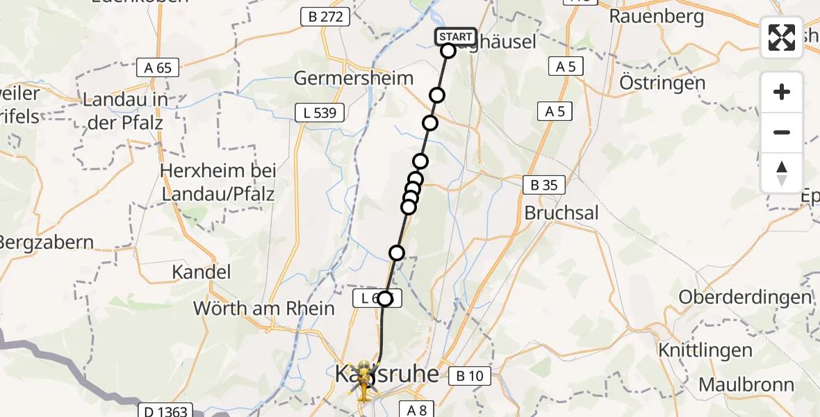 Flugroute Rettungshubschrauber Oberhausen - Sankt Vincentius Hospital Heliport, 16 Februar 2026, 07:45