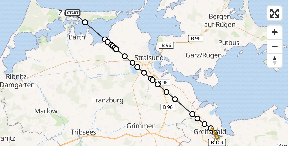 Flugroute Rettungshubschrauber Zingst - Greifswald Hospital Heliport, 16 Februar 2026, 08:02