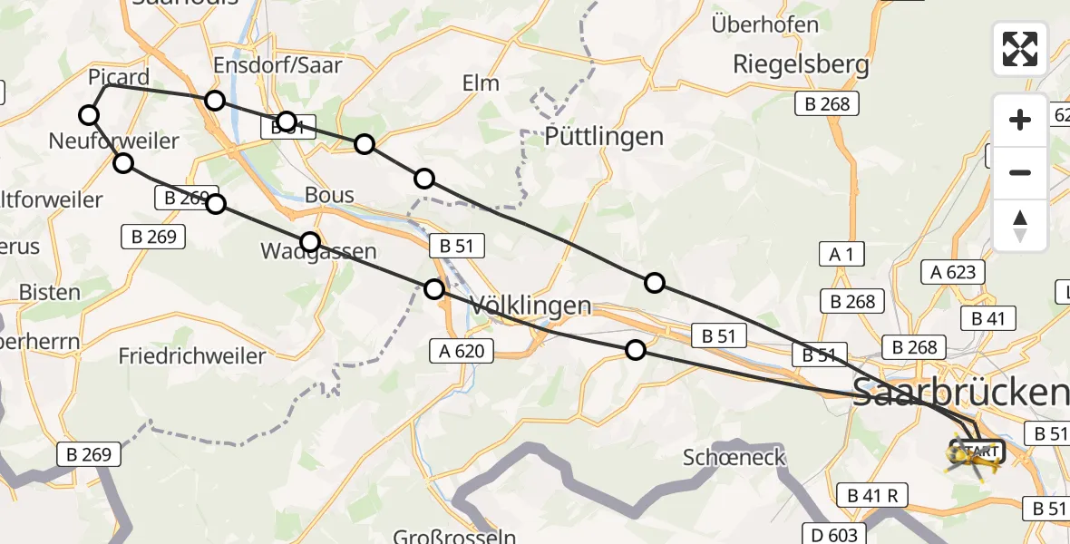 Flugroute Rettungshubschrauber Saarbrücken - Saarbrücken, 16 Februar 2026, 08:02