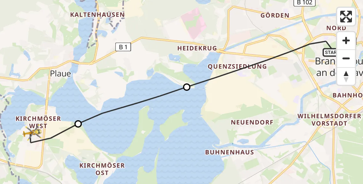 Flugroute Rettungshubschrauber Brandenburg an der Havel - Kirchmöser, 16 Februar 2026, 08:08