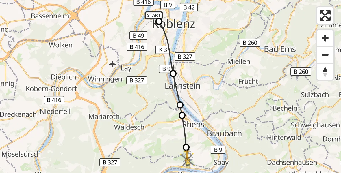 Flugroute Rettungshubschrauber Catholic Clinic Marienhof Koblenz Heliport - Brey, 16 Februar 2026, 08:14