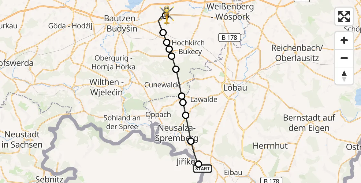 Flugroute Rettungshubschrauber Ebersbach-Neugersdorf - Bautzen Airfield, 16 Februar 2026, 08:17