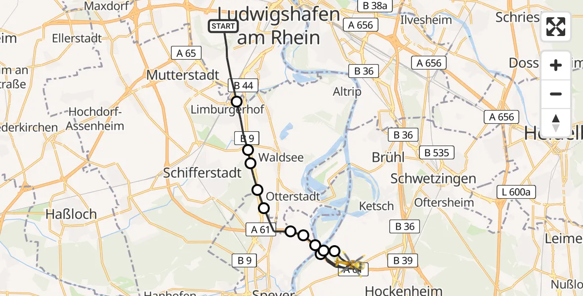 Flugroute Rettungshubschrauber Ludwigshafen am Rhein - Hockenheim, 16 Februar 2026, 08:27