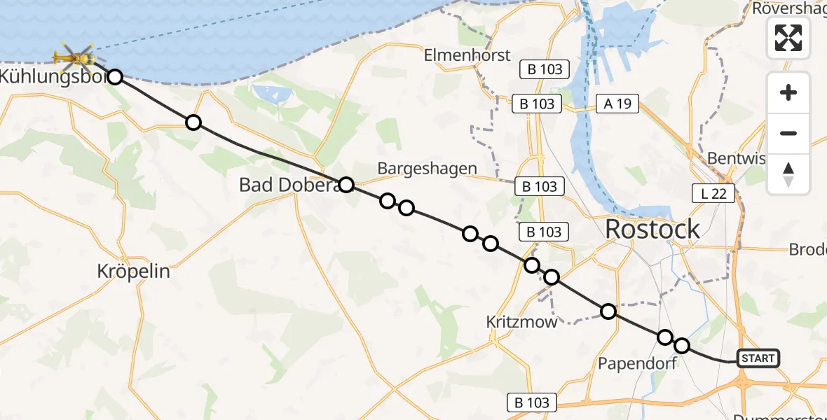 Flugroute Ambulanzhubschrauber Hohen Schwarfs - Kühlungsborn, 16 Februar 2026, 08:31