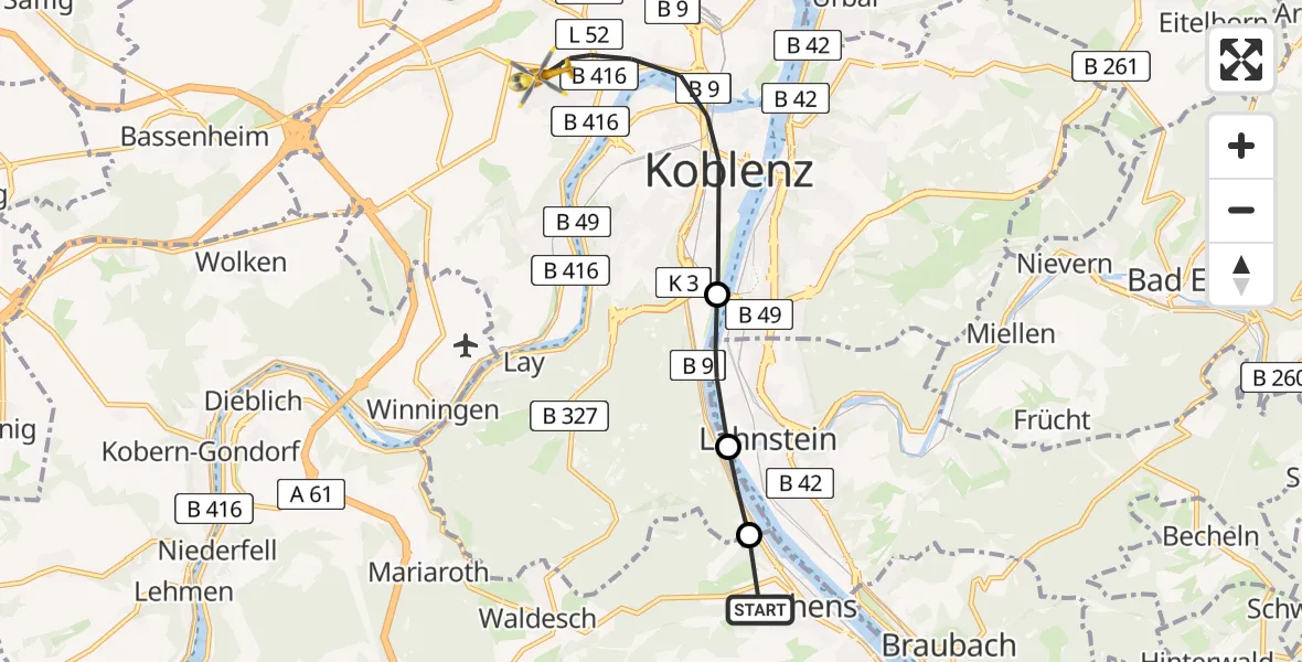 Flugroute Rettungshubschrauber Rhens - Koblenz, 16 Februar 2026, 08:36