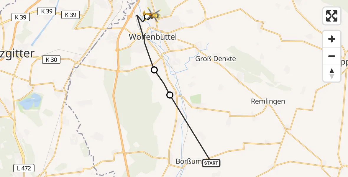 Flugroute Rettungshubschrauber Börßum - Wolfenbüttel Municipal Hospital Heliport (Christoph 30), 16 Februar 2026, 08:40
