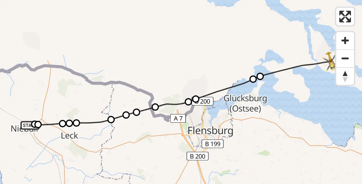 Flugroute Rettungshubschrauber Niebüll - Glücksburg (Ostsee), 16 Februar 2026, 08:44