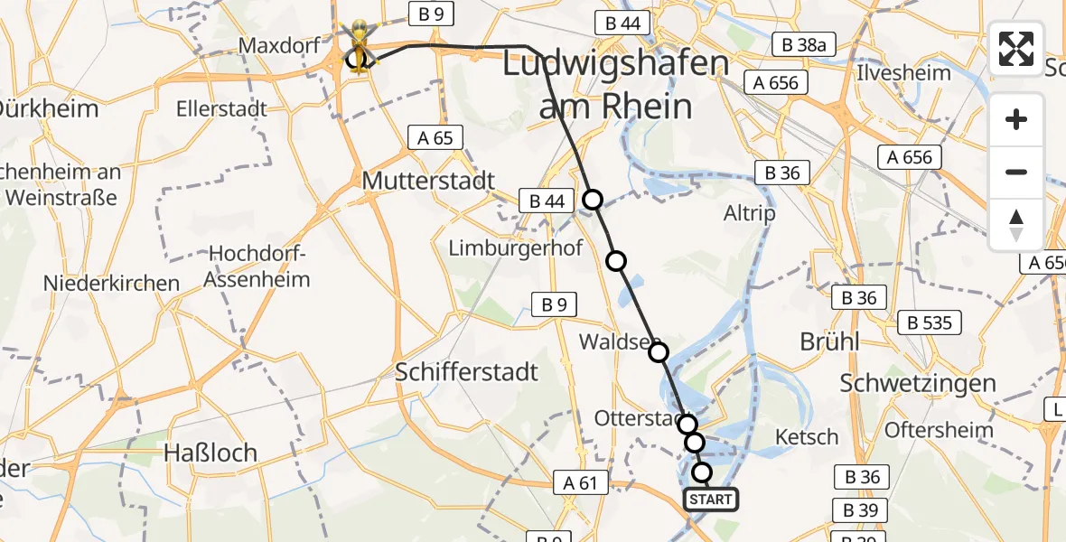 Routekaart van de vlucht: Rettungshubschrauber nach Autobahn Police Ruchheim Heliport