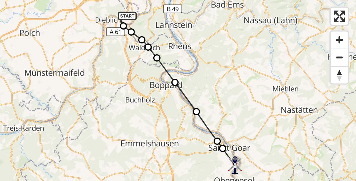 Flugroute Polizeihubschrauber Winningen - Oberwesel, 16 Februar 2026, 08:56