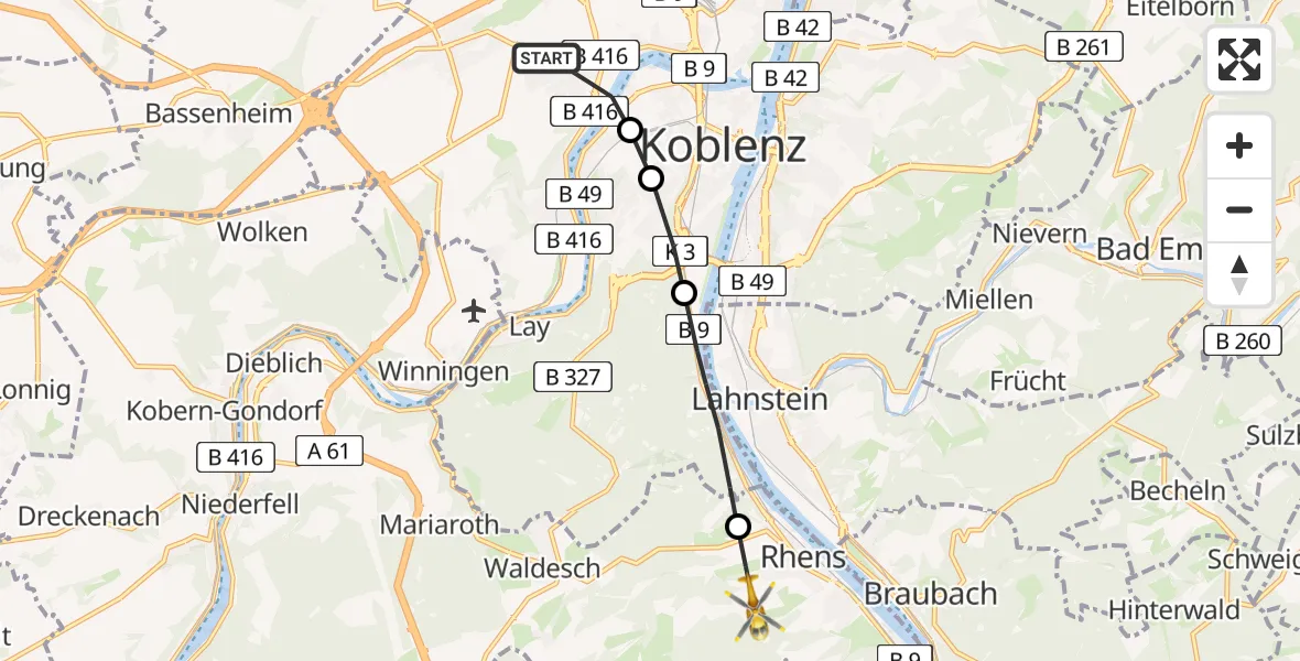 Flugroute Rettungshubschrauber Koblenz - Rhens, 16 Februar 2026, 09:05
